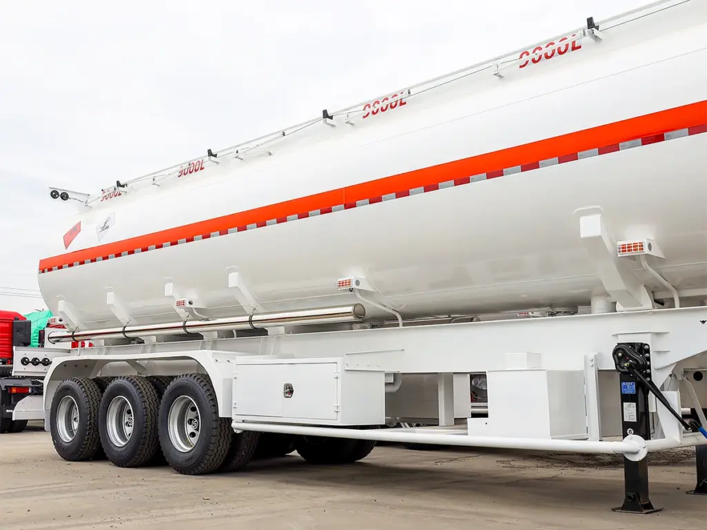Three-axle aluminum fuel tanker semi trailer at the Vehicle Master factory