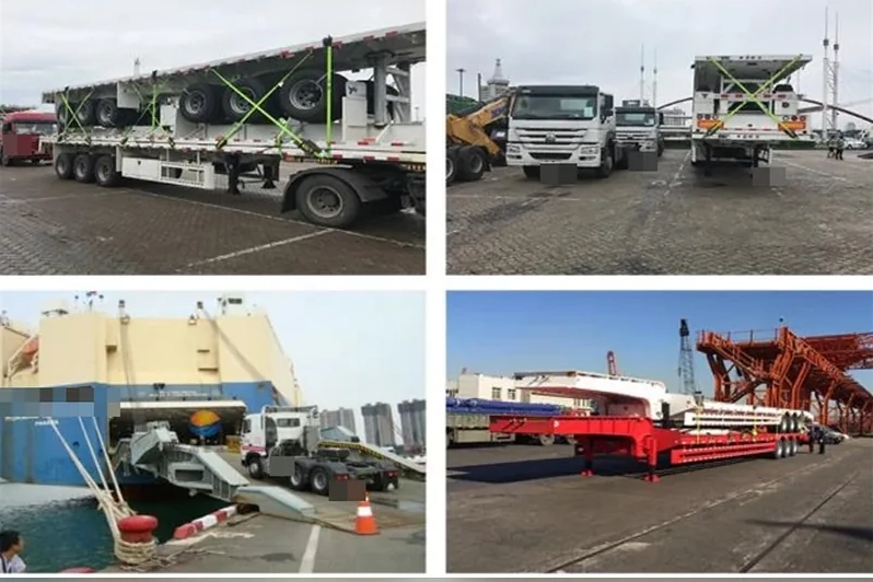 3 axle 100 ton lowbed semi trailer port loading and ro-ro vessel shipment