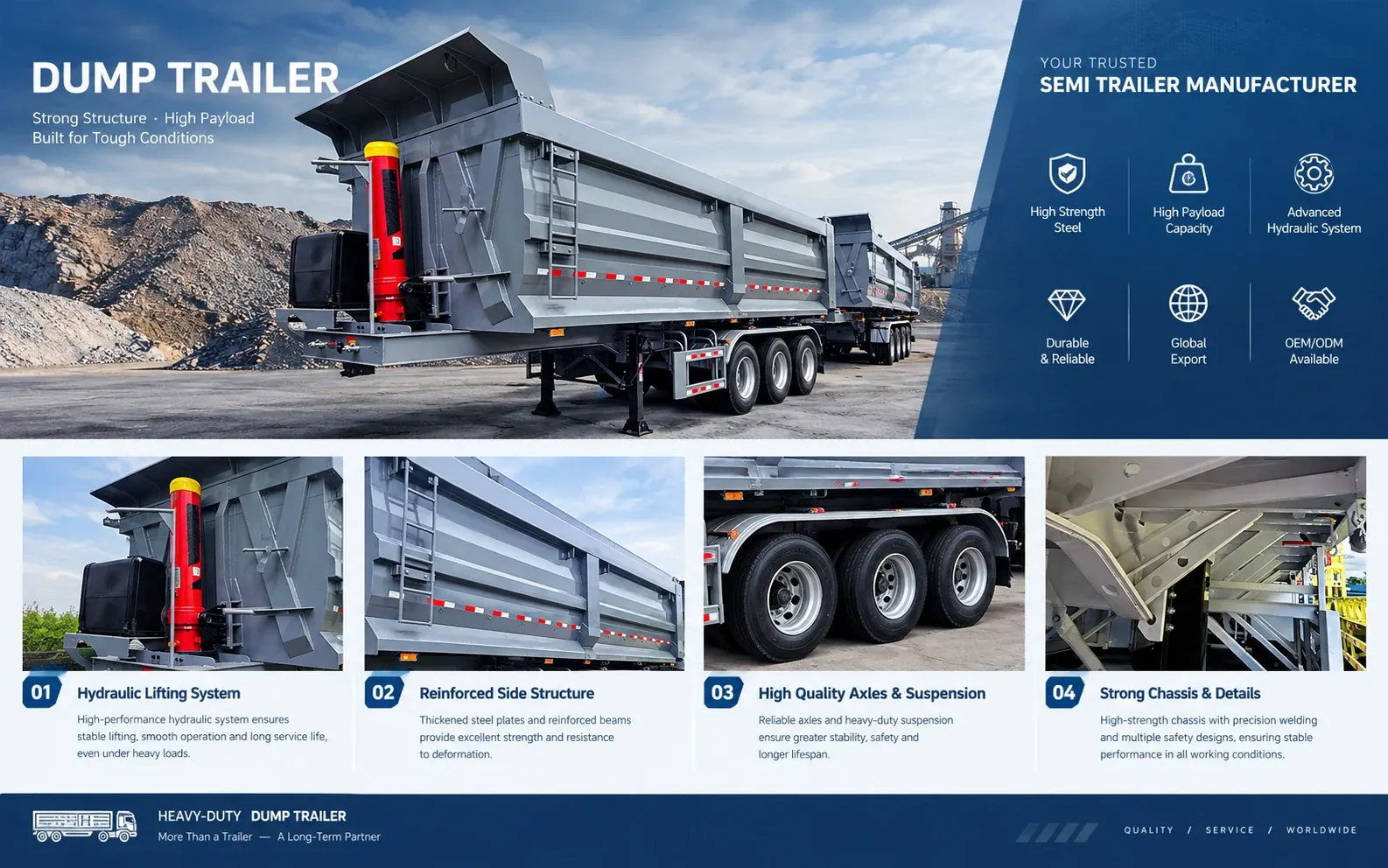 80 ton end dump semi trailer heavy load chassis and reinforced side structure