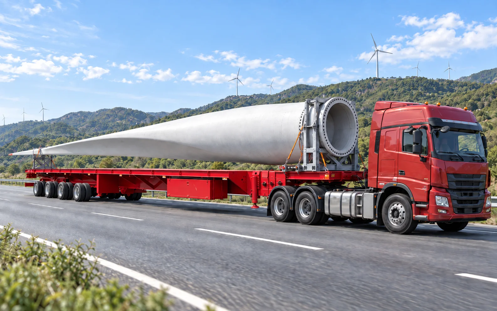 Wind Blade Transport Trailer carrying a wind turbine blade on a winding mountain road in a large wind farm
