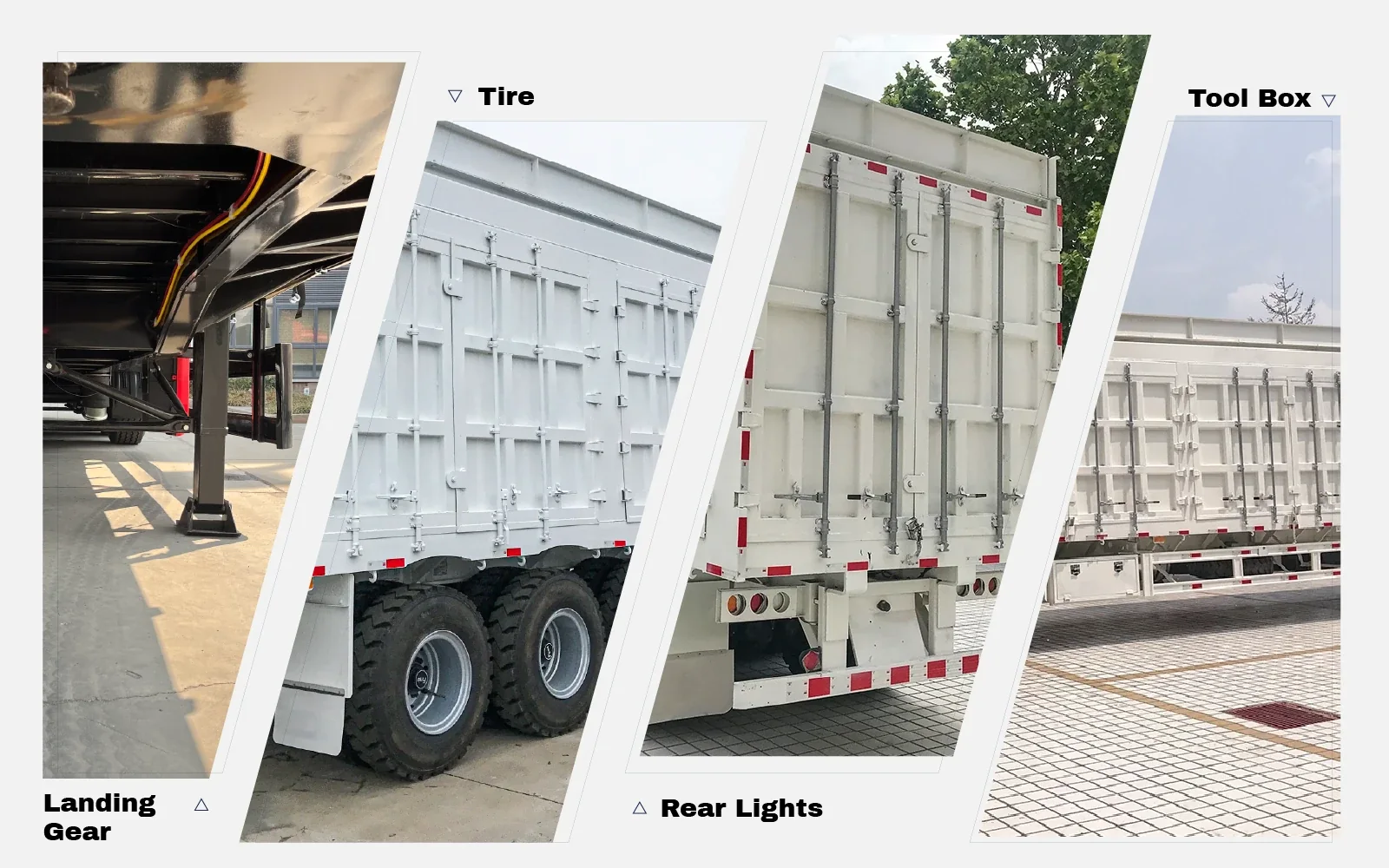 Box van semi trailer landing gear tire and rear door assembly