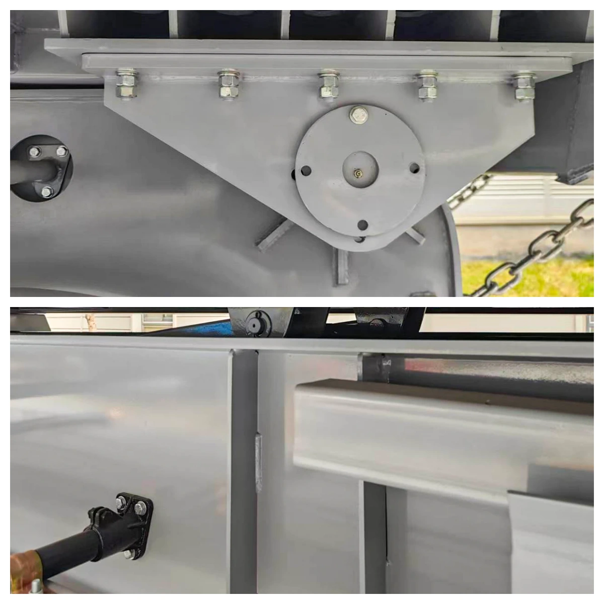 close-up of tipper semi-trailer hydraulic lifting cylinder and mounting connection in factory