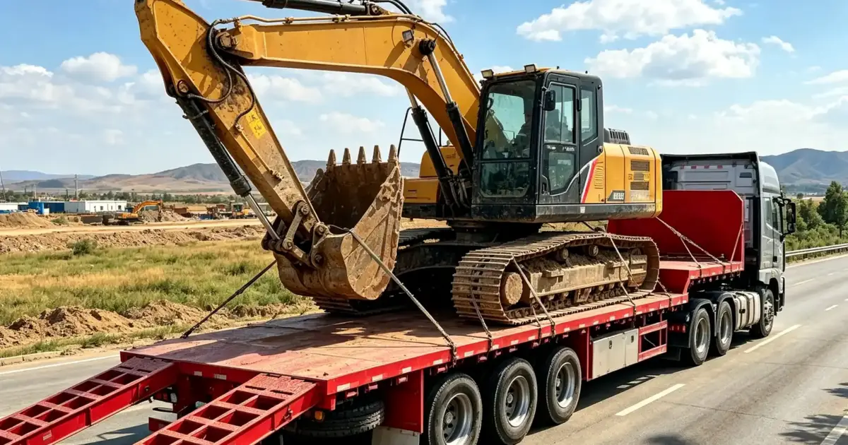 lowbed semi-trailer hauling construction equipment at African project sit