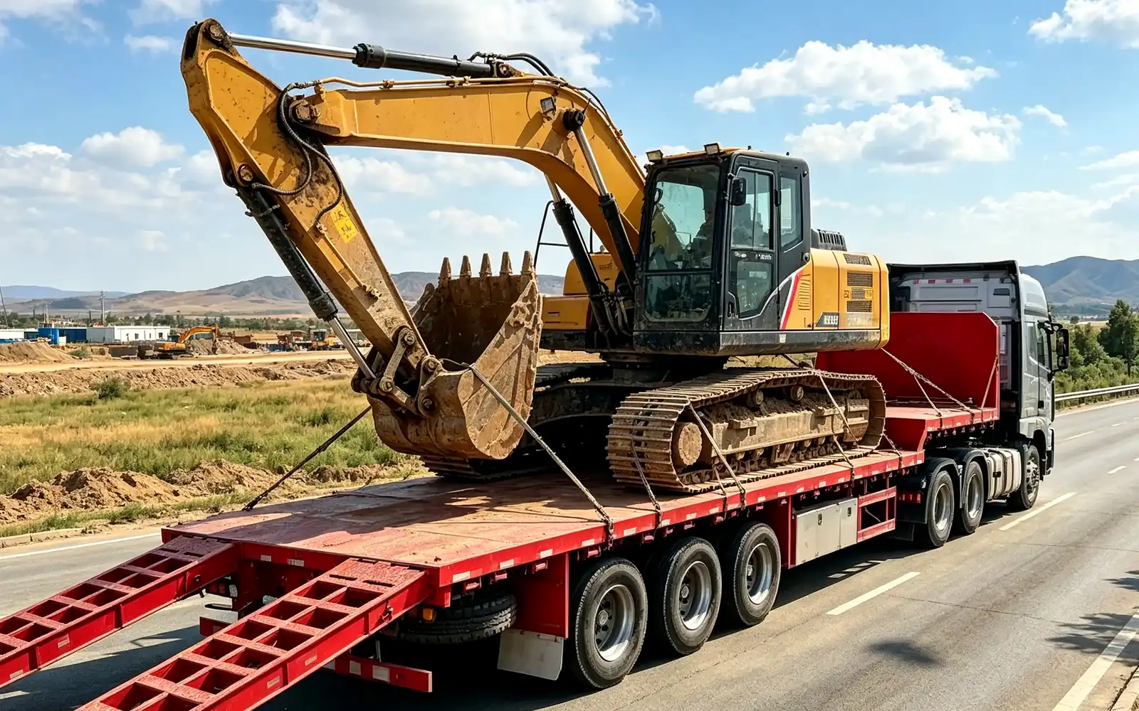 lowbed semi-trailer hauling construction equipment at African project sit