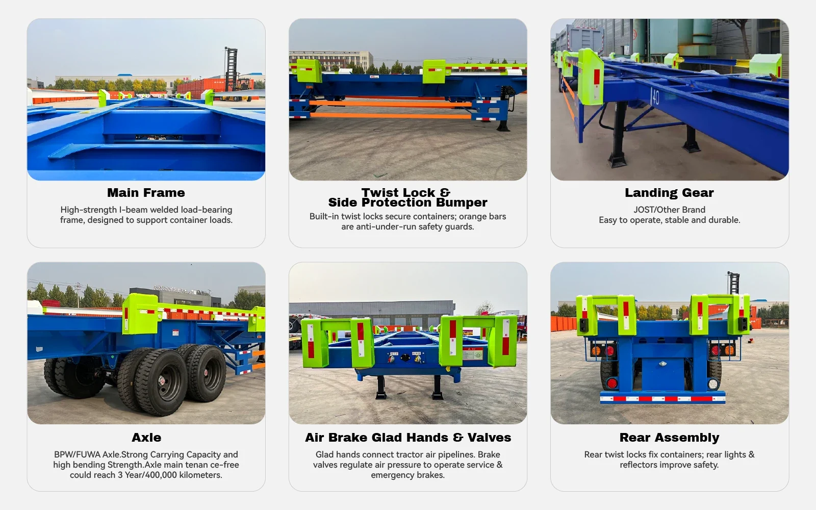 Terminal container chassis trailer main frame twist lock and axle structural details