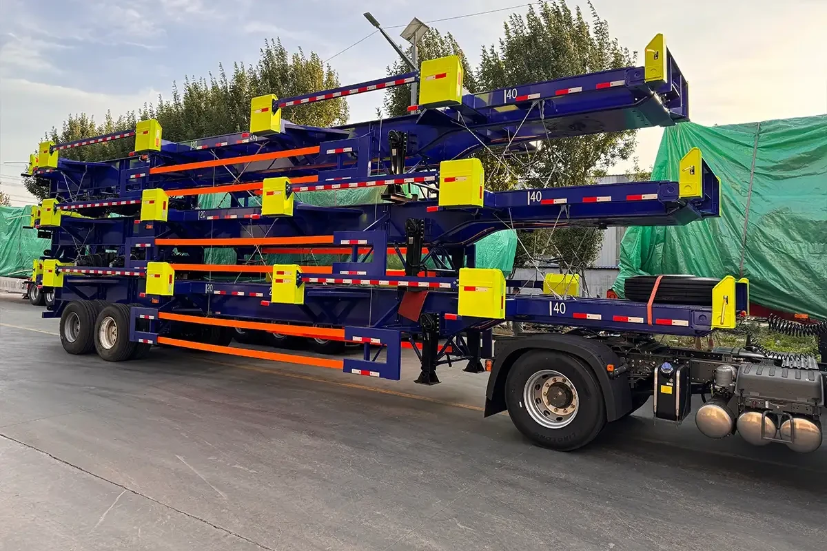 Terminal container chassis trailer stack loaded with tractor for overseas delivery
