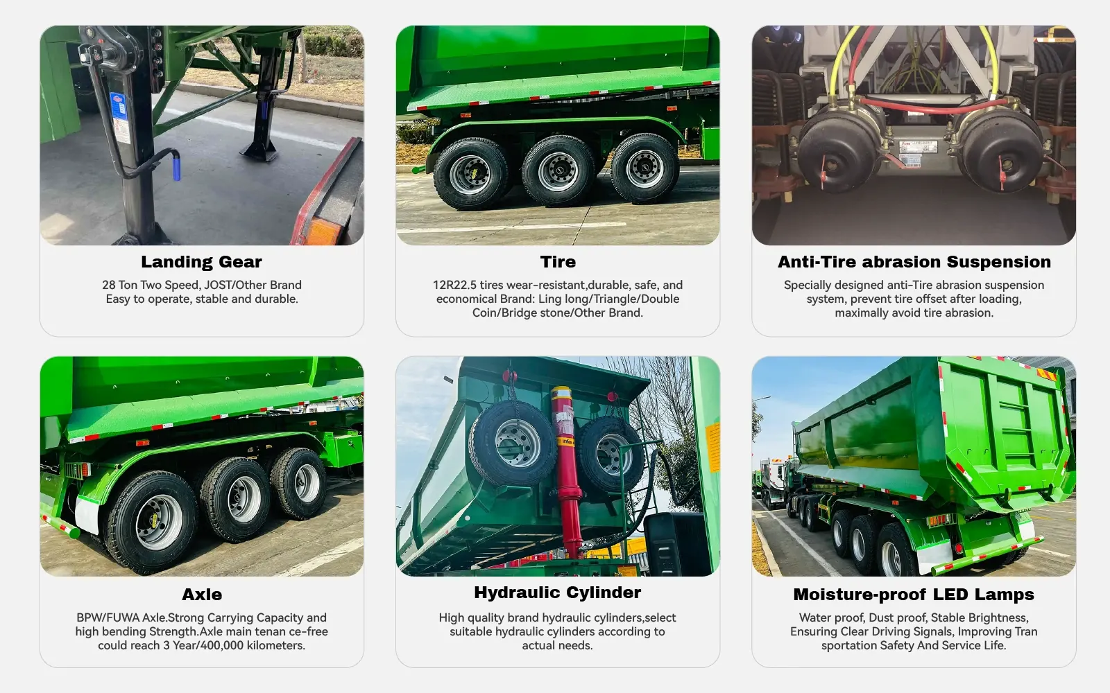 3 axle 50 ton rear dump semi trailer landing gear axle and hydraulic parts gallery