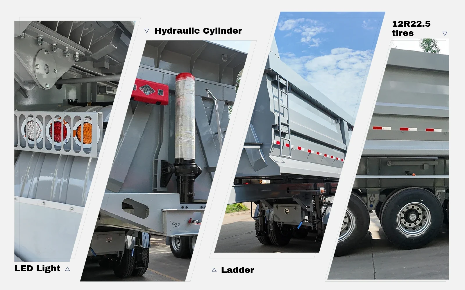 3 axle 60 ton tipper semi trailer hydraulic cylinder tire and led light details