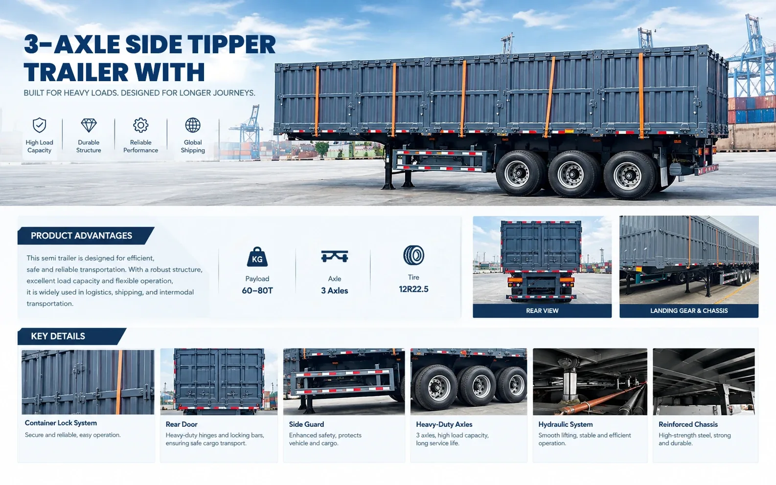 3 axle side tipper semi trailer full view product brochure with specification intro