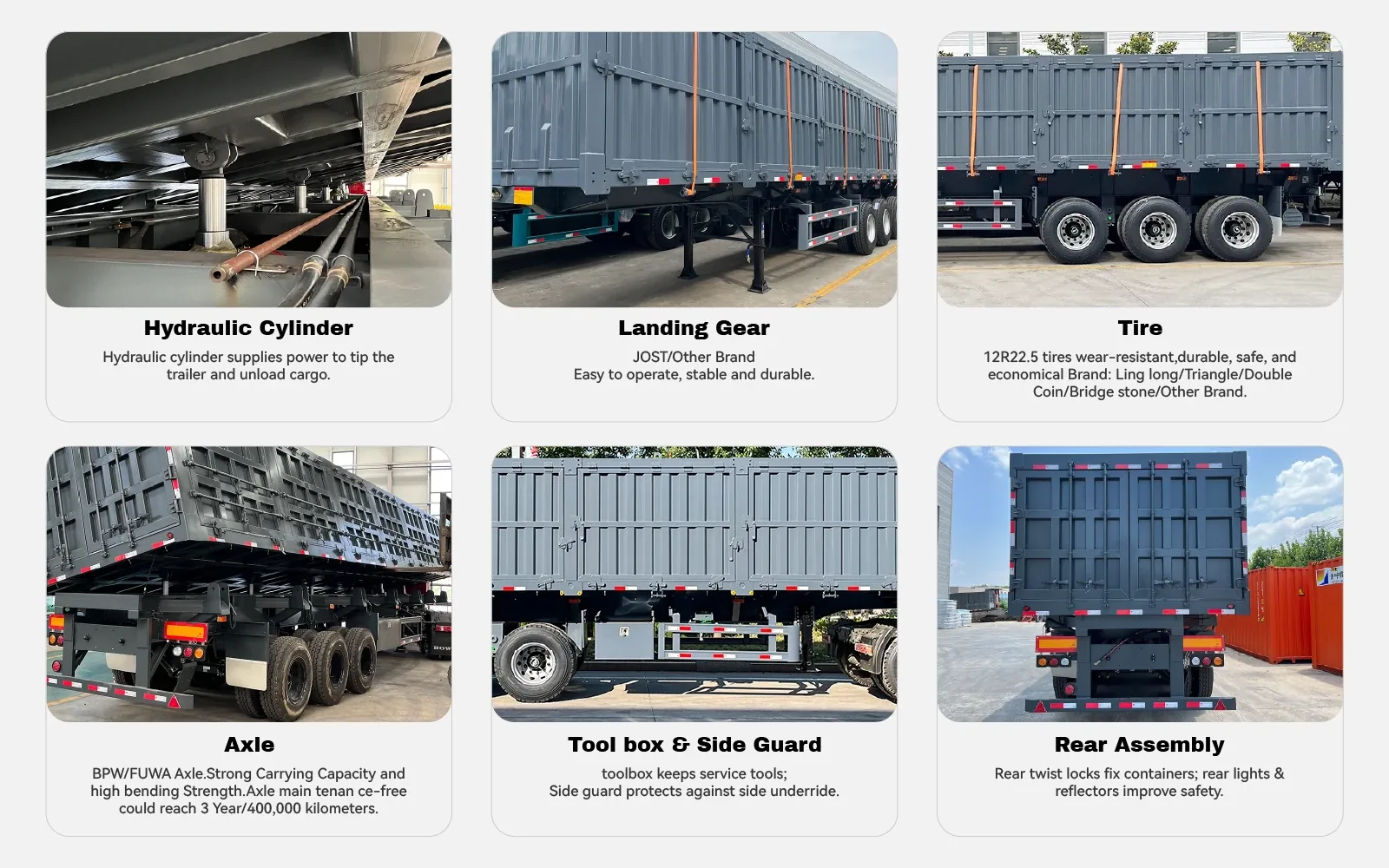 3 axle side tipper semi trailer hydraulic cylinder axle and tire component collage