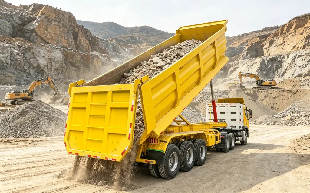 Heavy-duty tipper truck dumping crushed rock at an African open-pit mining site, quarry walls and stacked material in background