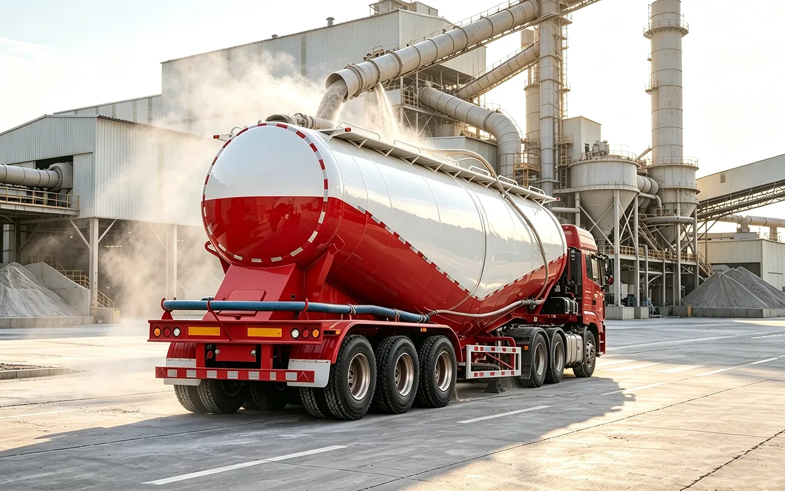 Bulk cement tanker trailer loading dry powder at a cement plant before pneumatic discharge delivery