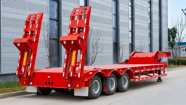 Lowbed semi trailer with heavy duty loading ramps for excavator loading