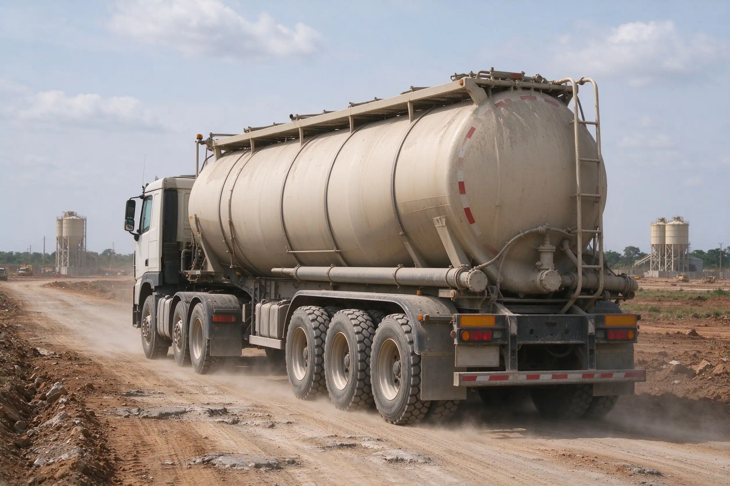 3 axle bulk cement powder tanker semi trailer driving on unpaved dirt construction road in Africa, heavy duty off-road tires for rough site access roads