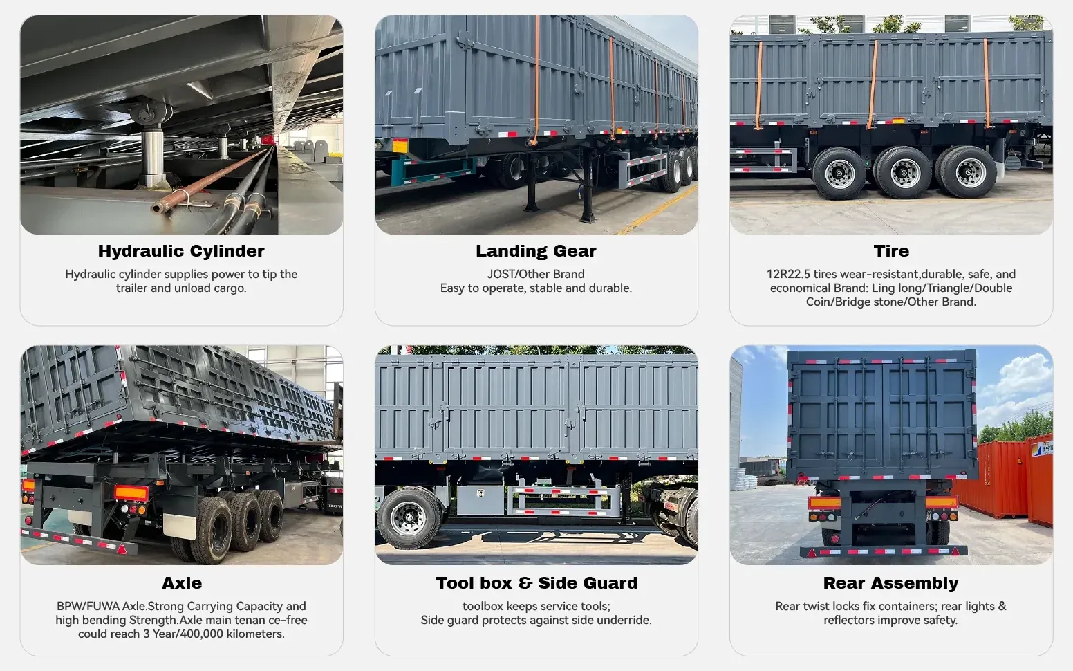 Side dump semi trailer chassis undercarriage showing axles, suspension and landing gear